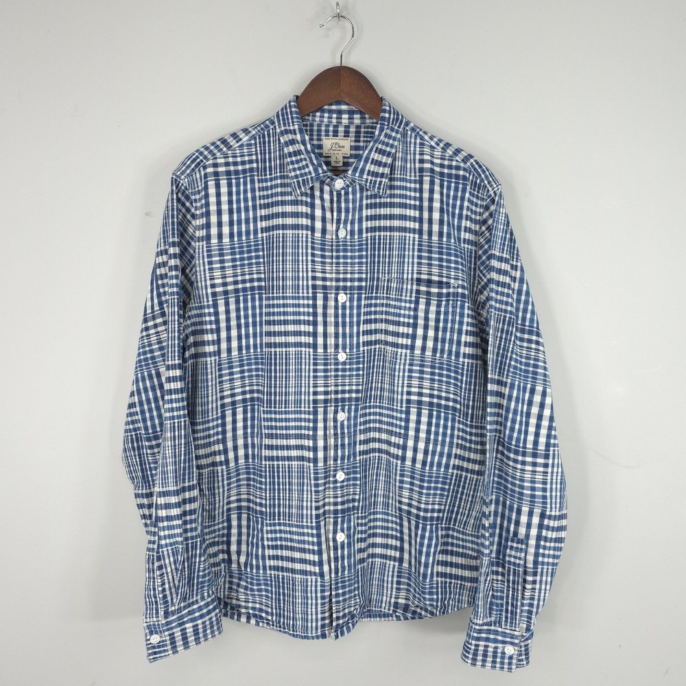 J Crew Shirt Mens Large Blue Plaid Patchwork‎ Overcheck Long Sleeve Indigo Work
